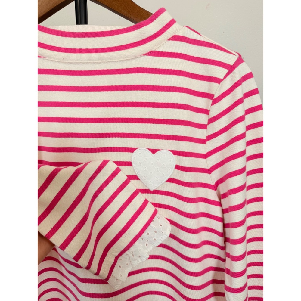 Talbots Pink White Striped Mock Neck Heart Eyelet Lace Long Sleeve Top Small - Picture 5 of 8